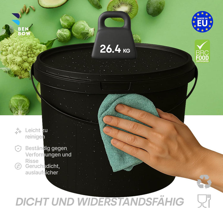 BenBow Eimer mit Deckel 10l Schwarz 10x 10 Liter - lebensmittelecht, stabil, luftdicht, auslaufsiche