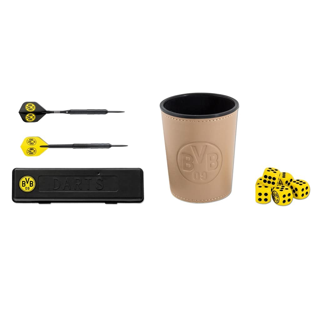 Borussia Dortmund BVB-Dartpfeile mit Aufbewahrungsbox, Schwarz/gelb Bundle mit BVB-Würfelbecher-Set,