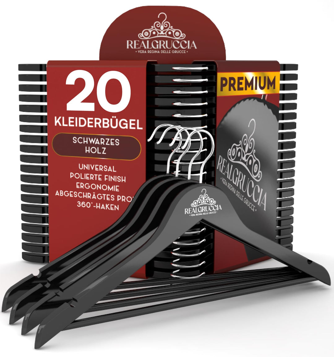 20 Kleiderbügel aus Holz Anti-Rutsch-Einkerbungen Holzbügel RealGruccia Farbe Schwarz von Hosen Anzü