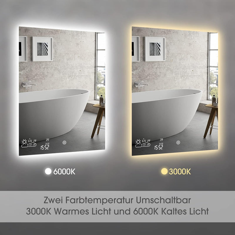 byecold Badspiegel mit LED Beleuchtung 60x80CM, Badezimmerspiegel Beschlagfrei mit Touchschalter, Ba