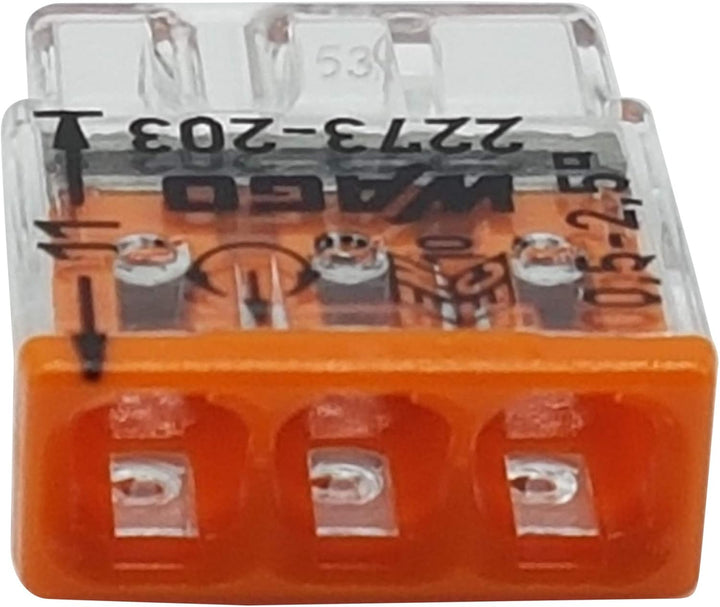100 Stück Wago 2273-203 COMPACT-Verbindungsdosenklemme Ø 0,5-2,5 mm², 3-polig, transparent/orange
