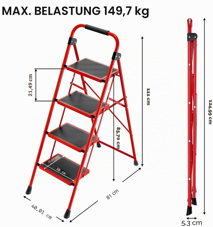 KINGRACK Stufen Leiter, Klappleiter mit Anti-Rutsch und breitem Pedal, Kleine Leiter mit Griff, Robu
