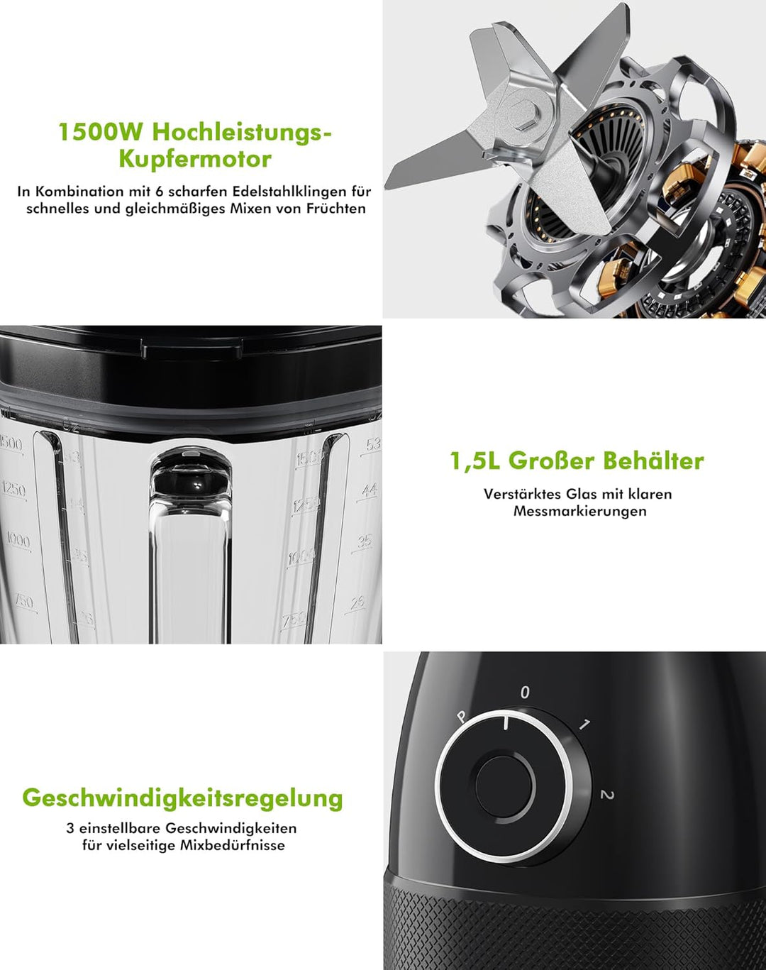 Mixer, Smoothie Maker, Standmixer, 1500 Watt Hochgeschwindigkeits Mixer Smoothie Maker mit 1,5L Glas