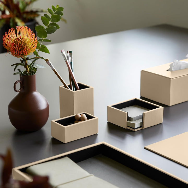 Eglooh - Minerva - Notizzettel Box Leder Beige - Zettelbox, Notizklotz, Zettelkasten für Schreibtisc