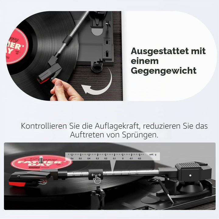 FYDEE Plattenspieler, Bluetooth 5.4 Schallplattenspieler mit Einstellbarer Auflagekraft, 2x3W Stereo