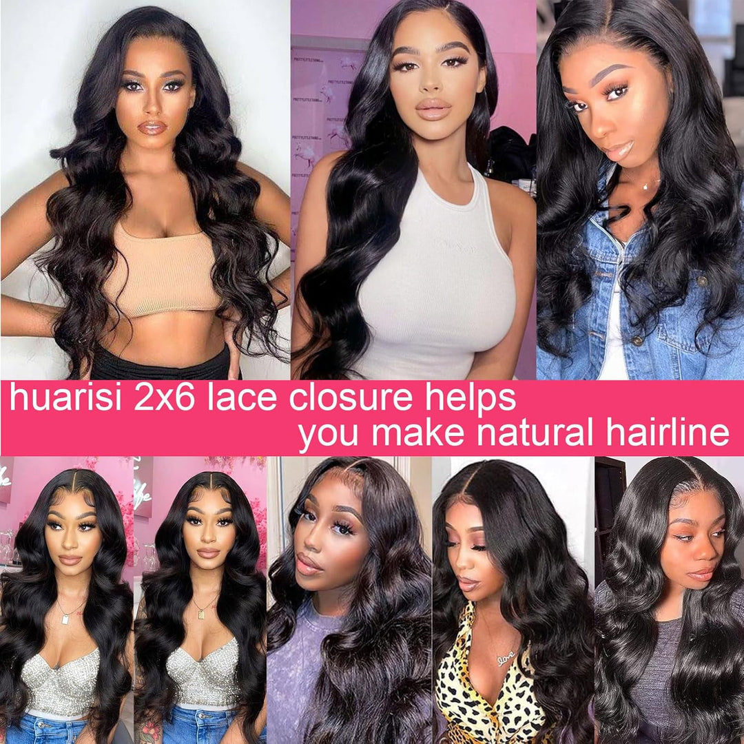 Huarisi 2x6 Lace Closure Human Hair Body Wave 16 inch Bleached Knots Free Part Transparent Lace Clos