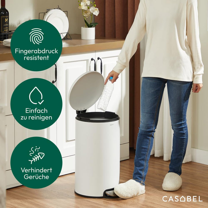 CASABEL Mülleimer Küche 30L - 100% Edelstahl, Resistent gegen Fingerabdrücke, Runder Treteimer mit F