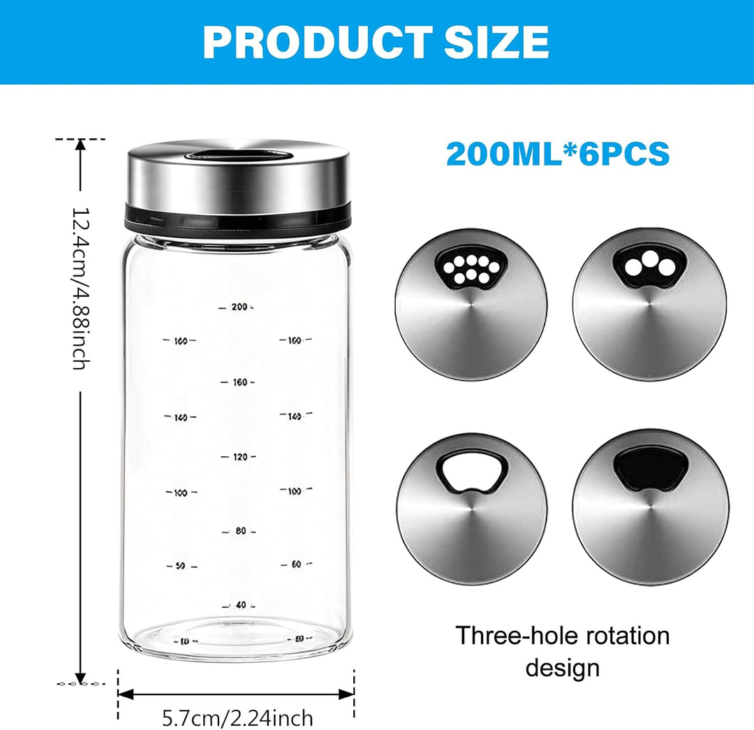 6 Stück Gewürzgläser Mit Drehdeckel 200ml, Borosilikatglas Gewürzstreuer, Gewürzgläser Gross Mit 3 A
