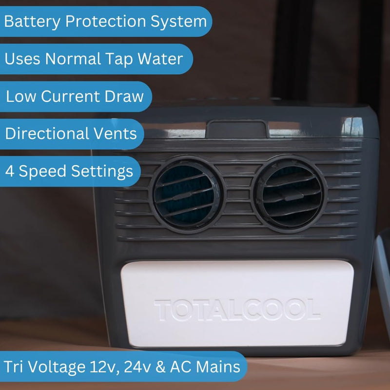 TOTALCOOL 3000 – Tragbarer Verdunstungsluftkühler 12 V/24 V/AC – Wohnwagen – Wohnmobil – Bootfahren