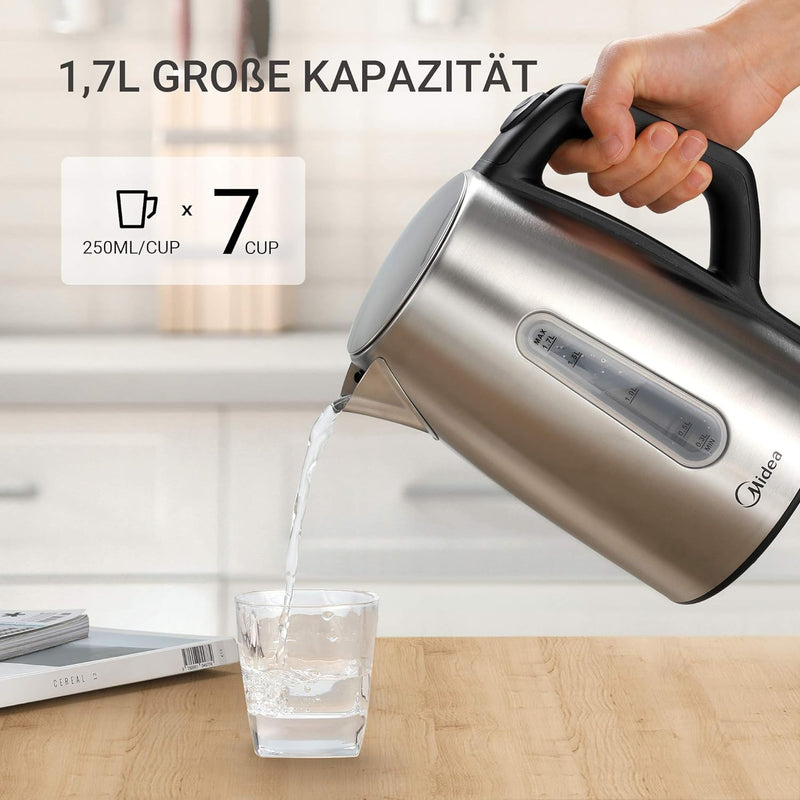 Midea Wasserkocher aus Edelstahl 1,7 Liter, Wasserkocher mit Temperatureinstellung (40, 60, 70, 80,