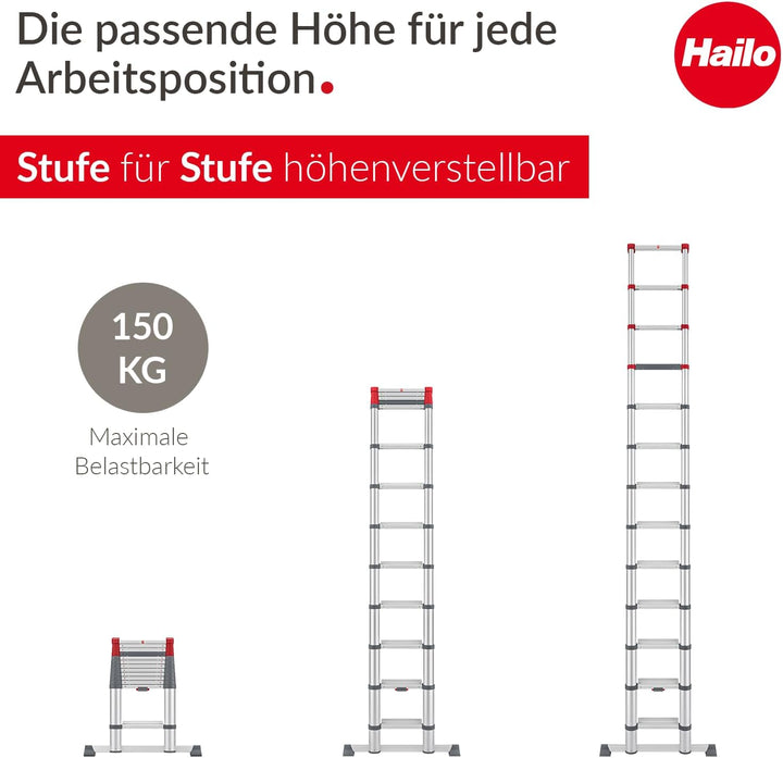 Hailo T100 FlexLine Sicherheits-Teleskopleiter - ausziehbare Leiter aus Aluminium mit bis zu 13 Stuf