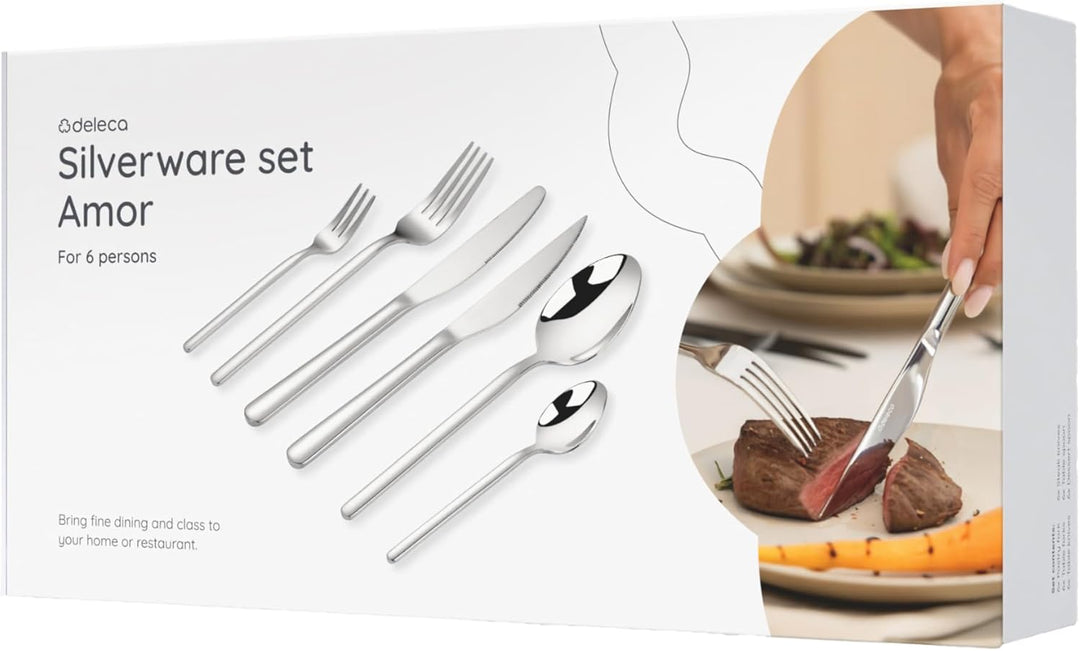 Besteckset 6 Personen Amor, 36-teilig, Edelstahl 18/0 Silber, spülmaschinenfest und rostfrei, Essbes