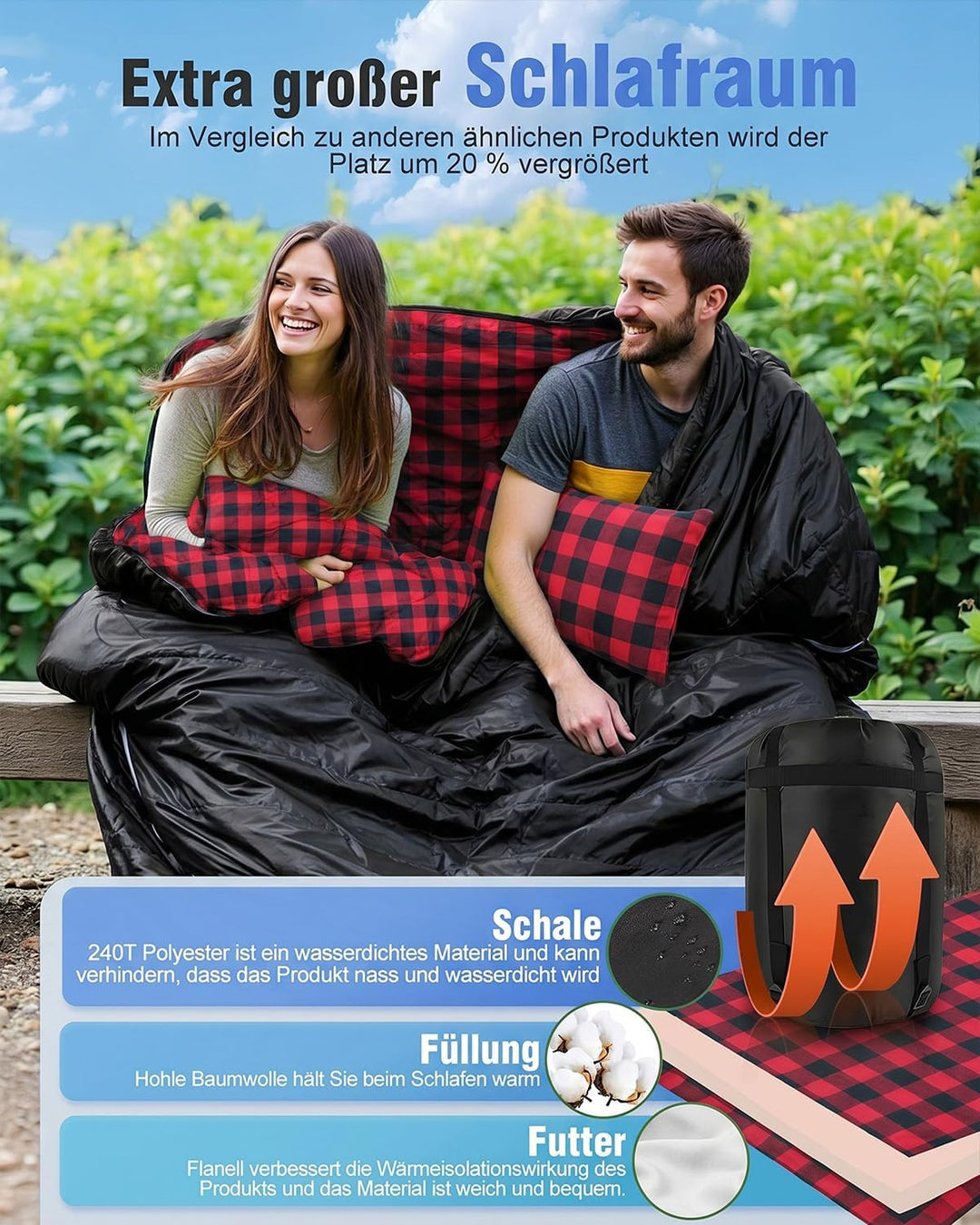 Doppelschlafsack Flanell, 2 Personen Schlafsack Outdoor 220 x 160 cm, Verbesserter Doppel Zippern, m