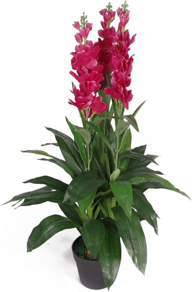 Leaf Kunstpflanze Cymbidium Orchidee, 100 cm, schwarzer Kunststofftopf, weisse Blumen, LEAF-7241 Whi
