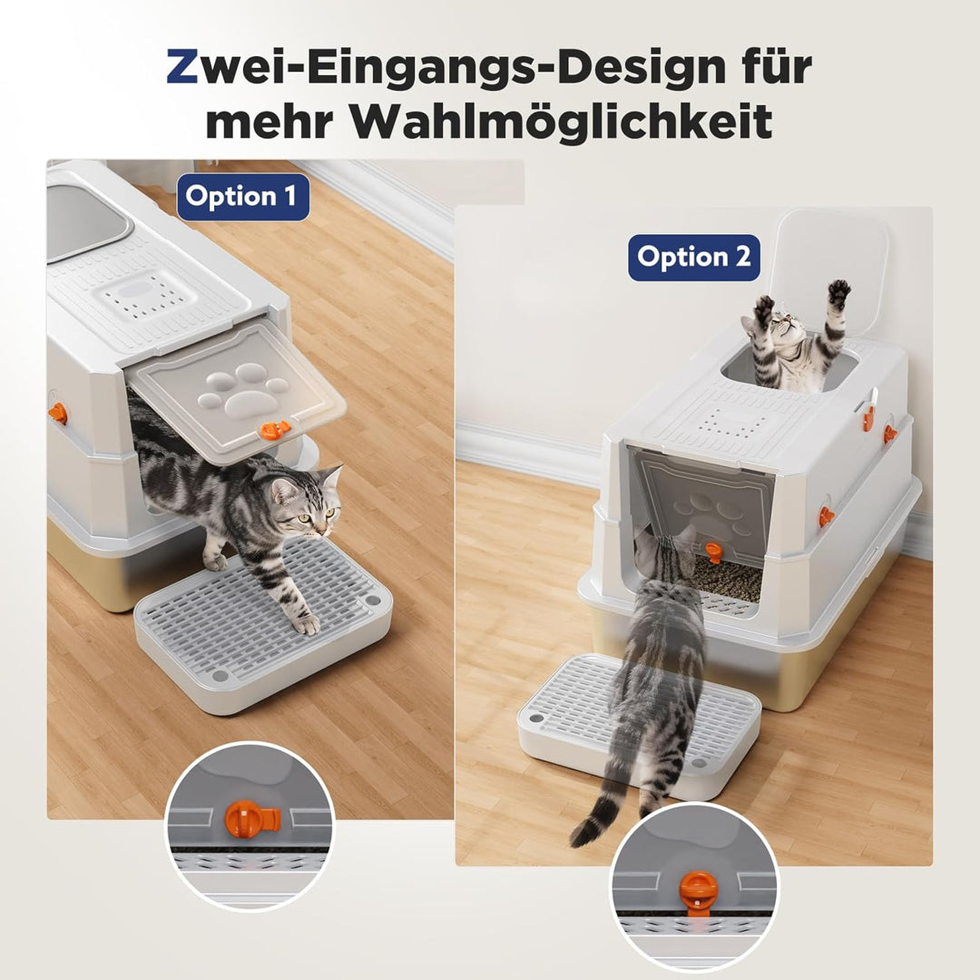 MIXJOY Edelstahl Katzenklo XXL mit Deckel, Katzentoilette Edelstahl Zwei-Tür-Konfiguration, Geschlos