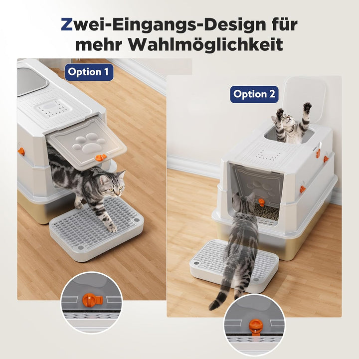 MIXJOY Edelstahl Katzenklo XXL mit Deckel, Katzentoilette Edelstahl Zwei-Tür-Konfiguration, Geschlos