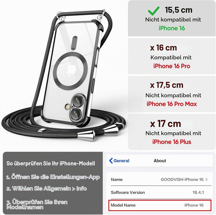 GOODVISH Handykette für iPhone 16 Hülle mit Band, mit 2 Stück Schutzfolie und Kamera Schutz, Necklac