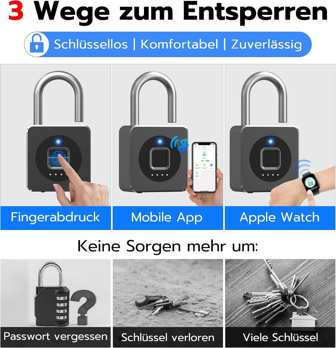 Smart Fingerabdruck Vorhängeschloss mit Bluetooth App – Elektronisches Kombischloss für Fitnessraum,