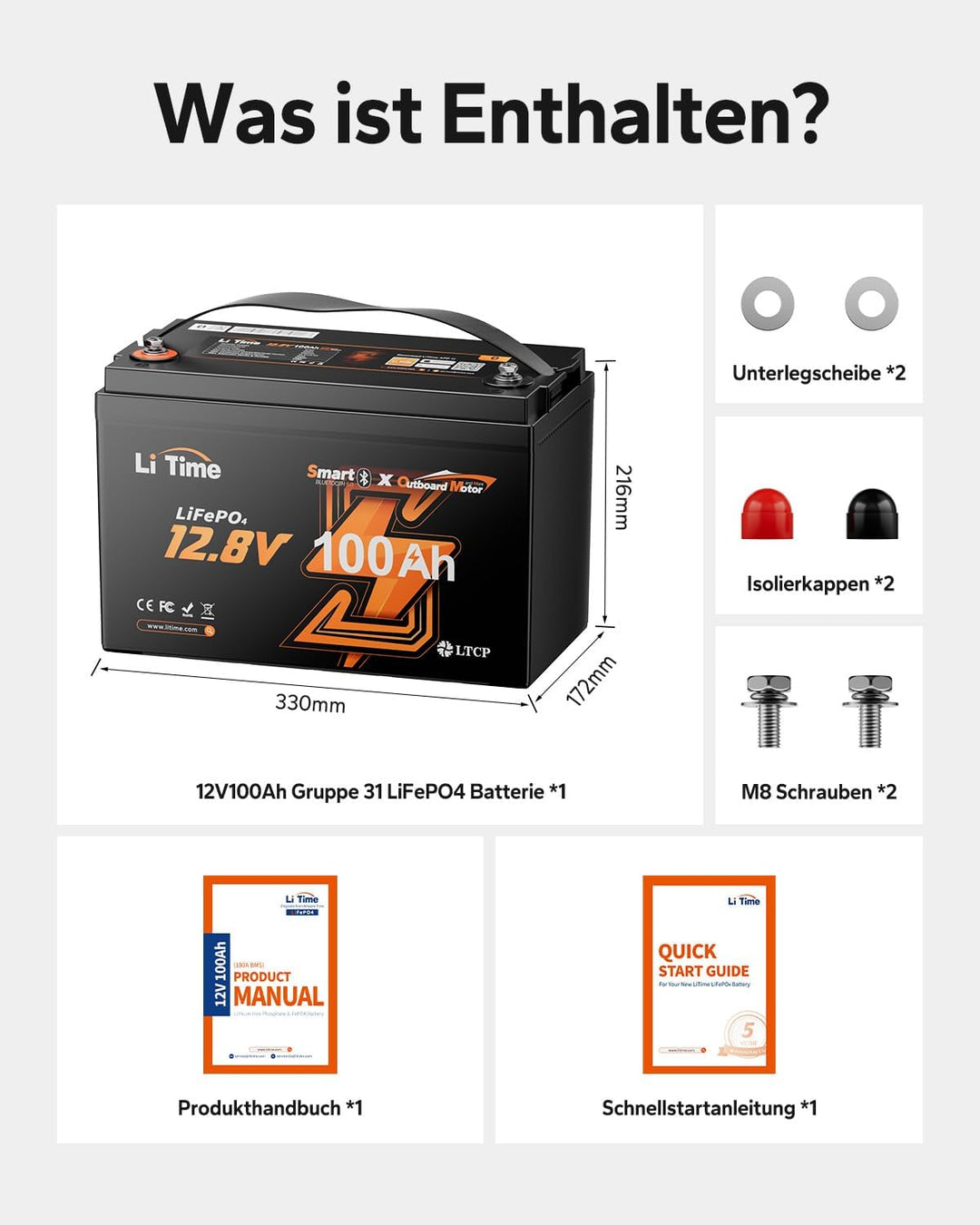 LiTime 12V 100Ah Smart LiFePO4 Batterie für Elektrische Aussenbord Trolling Motor, Bluetooth Lithium