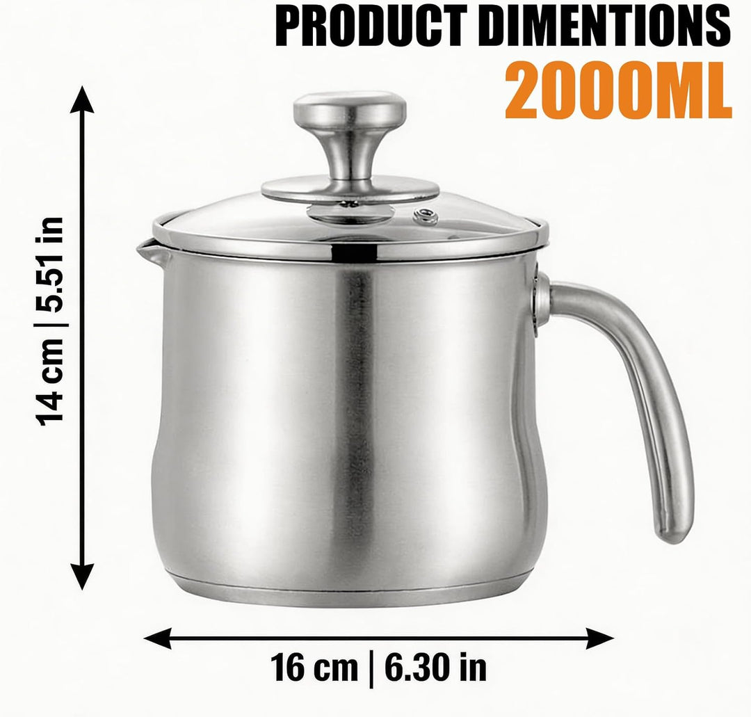 2L Milchtopf Edelstahl mit Glasdeckel und Ausgiesser, Kochtopf Induktion mit Griff, Simmertopf Puddi