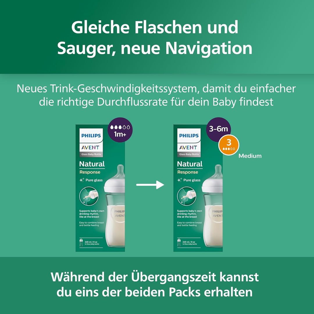 Philips AVENT Natural Response Glas-Babyflasche: 2 x 240 ml BPA-freie Flaschen für Neugeborene von 3