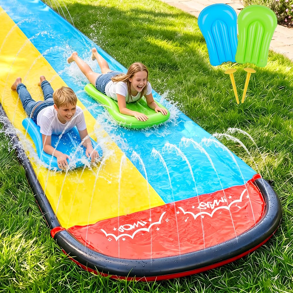 610cm/20ft Wasserrutsche Garten für Kinder, Wasserrutschmatte mit 2 Bodyboards, Doppelrutsche mit ei