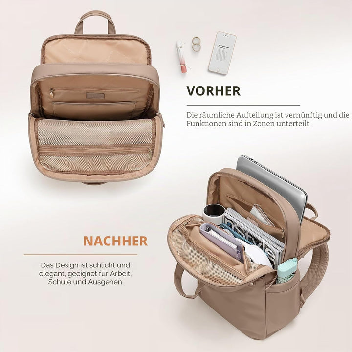 Schlanker Laptop-Rucksack für Damen, leicht, Business-Rucksack für Damen und Herren, Champagnerbraun