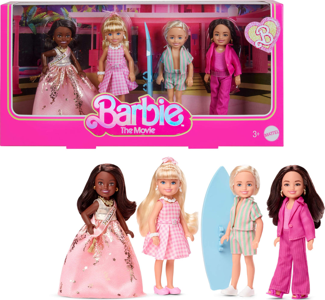 Barbie The Movie - 4 Puppen Pack Chelsea Sammlerpuppen Spielfilm, enthält die Figuren, Ken, Präsiden