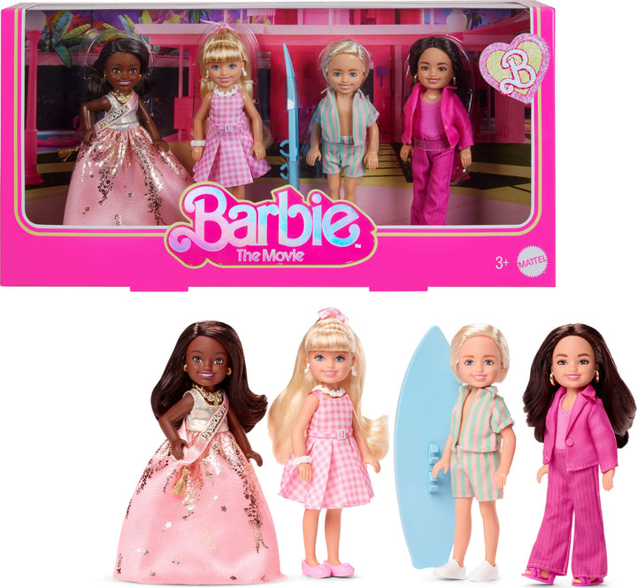 Barbie The Movie - 4 Puppen Pack Chelsea Sammlerpuppen Spielfilm, enthält die Figuren, Ken, Präsiden