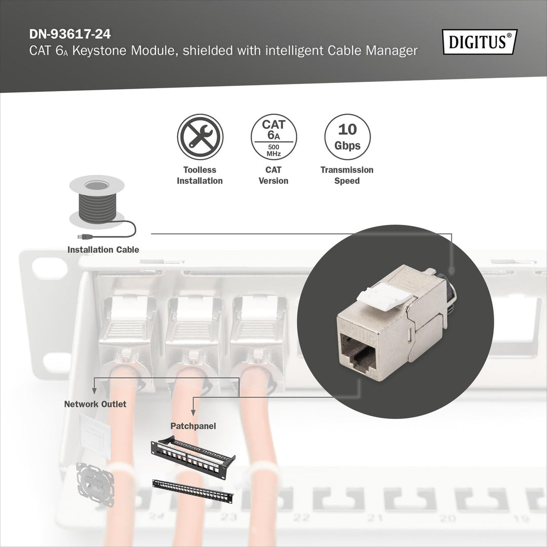 DIGITUS Keystone-Modul Cat-6A Geschirmt - 24 Stück - RJ45-Buchse - 500 MHz 10GBase-T - AWG 26-22 - D