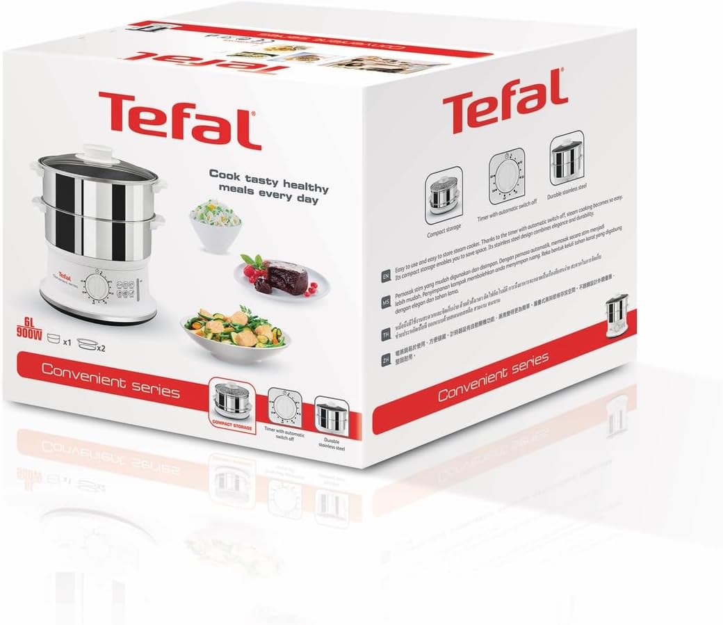Tefal Dampfgarer VC1451 | 2 Edelstahlbehälter | 6L Fassungsvermögen | 24cm Durchmesser | Timer und a