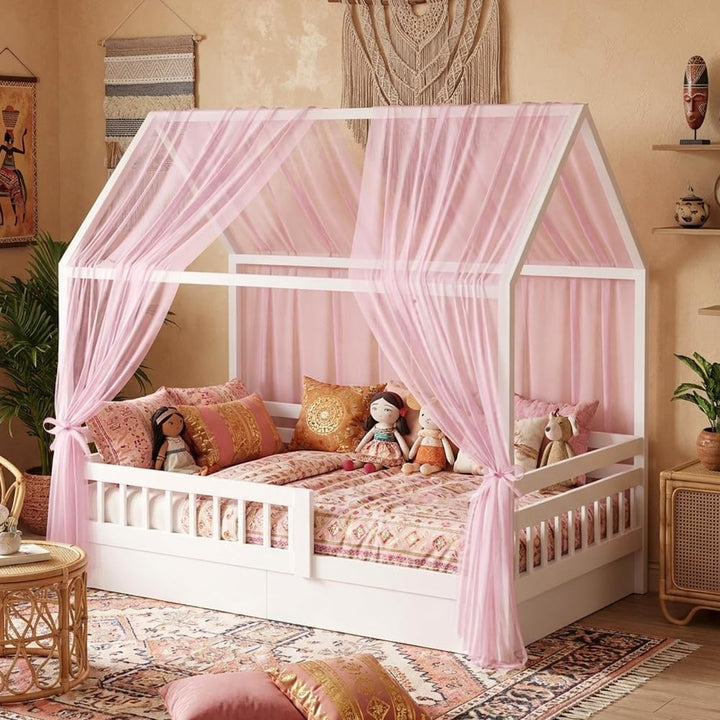 Hausbett Himmel Set, 2 Stück Hausbett Himmel für Kinderbett, 150 x 350 cm, Leichte Atmungsaktive Sto