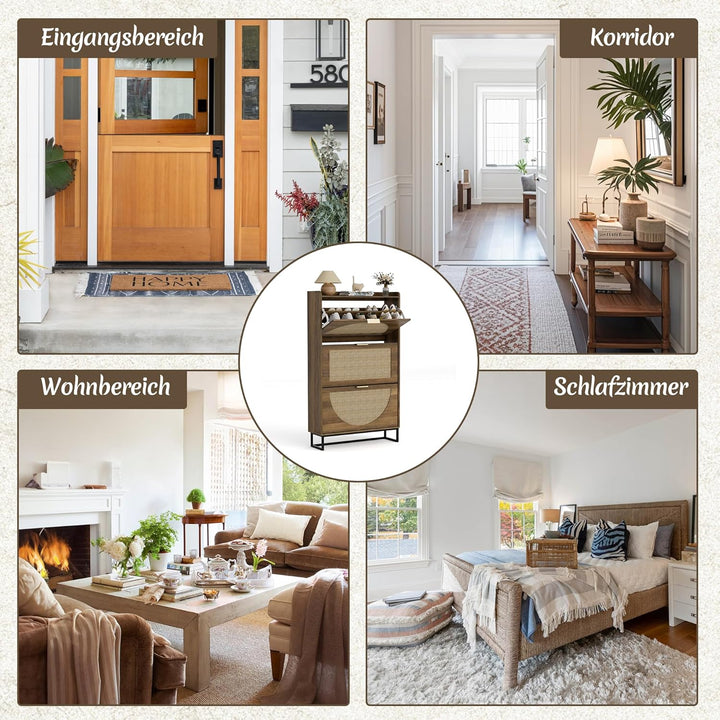 Rattan Schuhschrank Schmal, Schuhregal mit 3 Klappen, Schuhkipper mit Verstellbar, Schuhaufbewahrung
