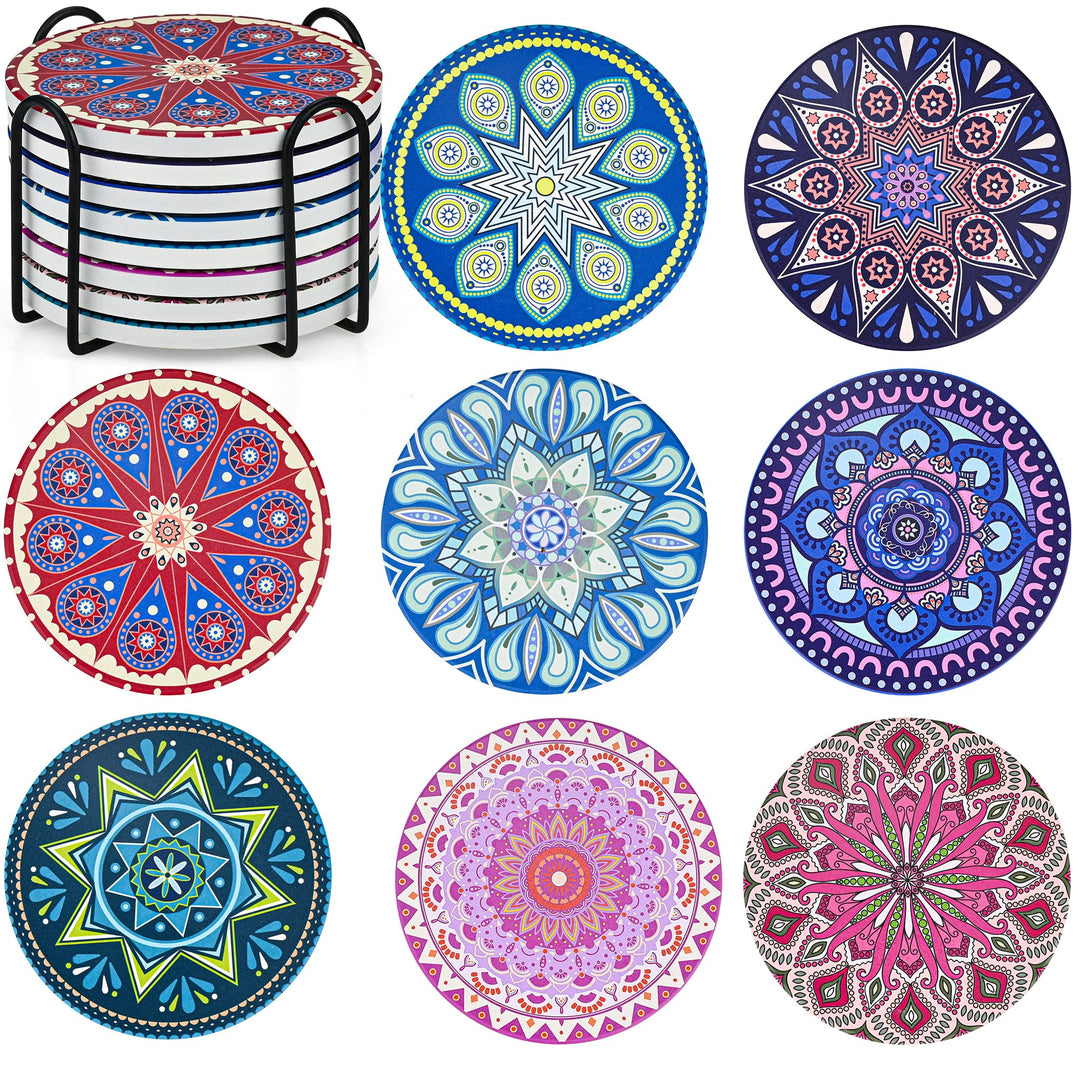 Untersetzer Gläser Keramik - 8er Set Mandala Untersetzer mit Halter & Korkboden Rund Glasuntersetzer