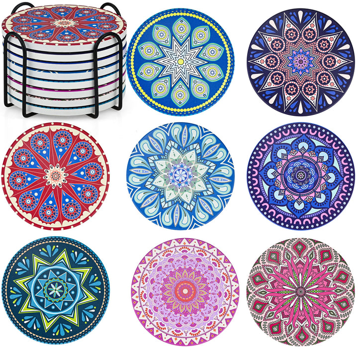 Untersetzer Gläser Keramik - 8er Set Mandala Untersetzer mit Halter & Korkboden Rund Glasuntersetzer