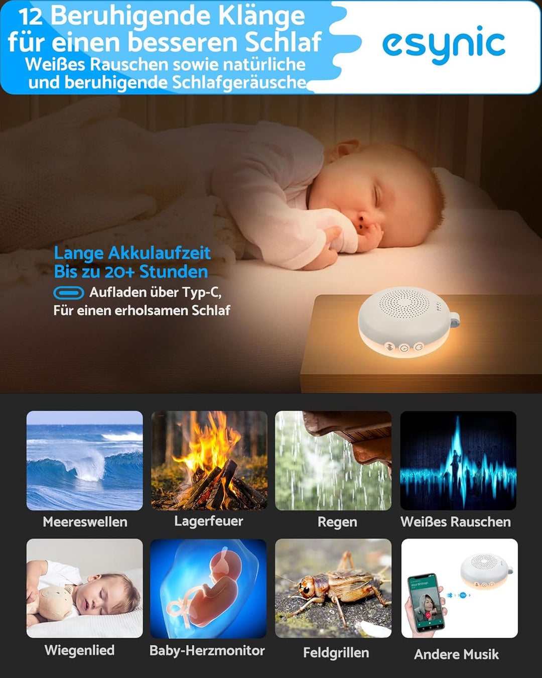 eSynic Weisses rauschen Baby Einschlafhilfe Baby & Erwachsene Tragbare White Noise Machine mit Nacht