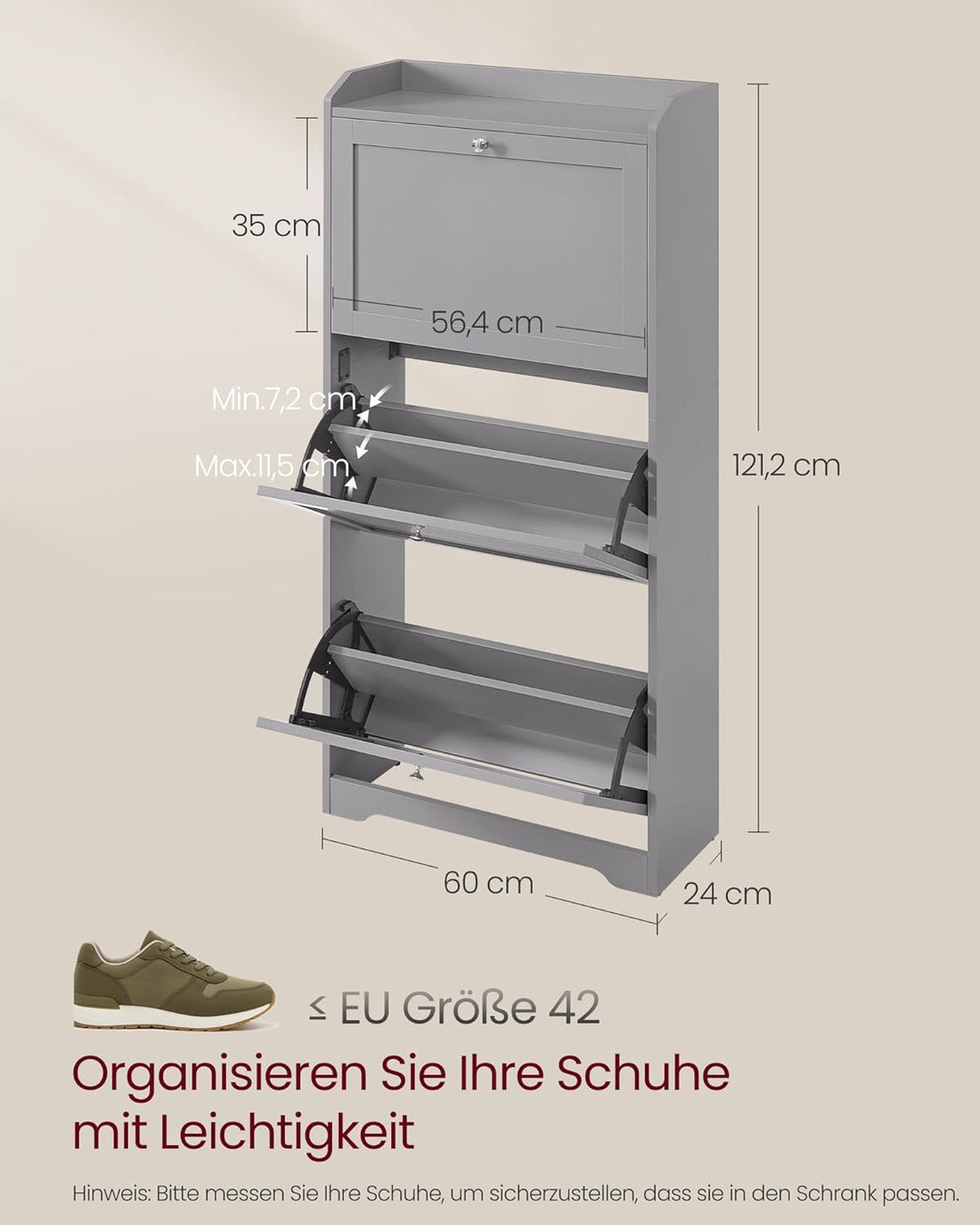 VASAGLE Schuhschrank 3 Klappen, Schuhkipper, Schuhregal, Schuhaufbewahrung, Oberplatte, Trennwand ve
