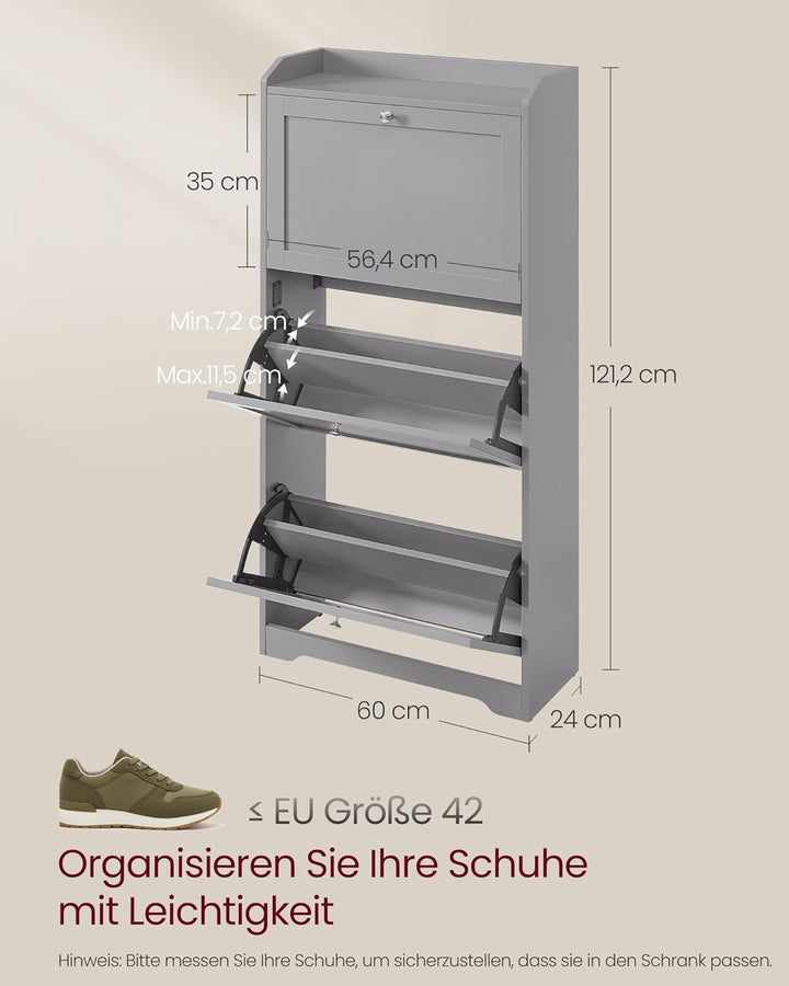 VASAGLE Schuhschrank 3 Klappen, Schuhkipper, Schuhregal, Schuhaufbewahrung, Oberplatte, Trennwand ve