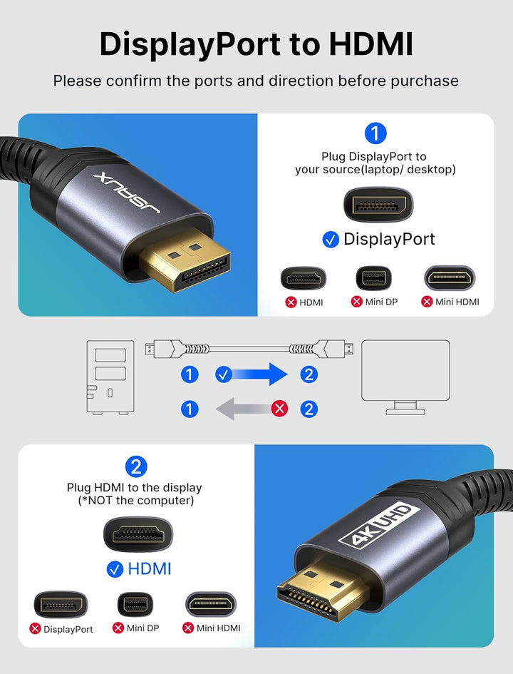 JSAUX 4K DisplayPort to HDMI Cable 3M, 4K@30Hz/2K@60/1080P@120 Unidirectional [Gold-Plated, Braided,