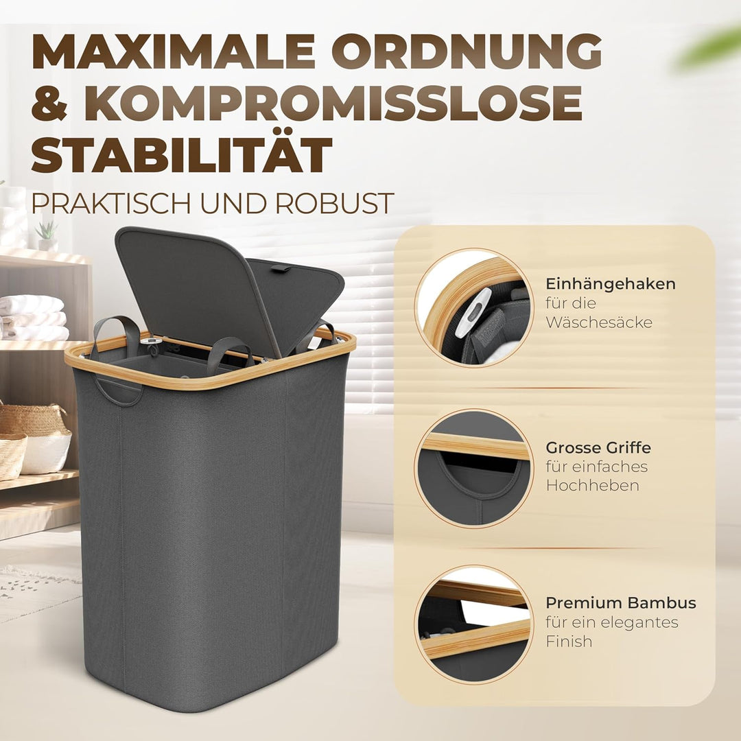 Wäschekorb mit 2 Deckel 2 Fächer 150 Liter Bambus-Stoff Grau Gross XXL - Wäschekorb Grau Dunkelgrau