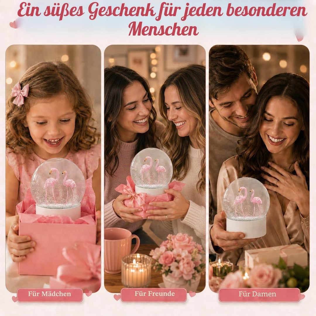Mingfuxin Flamingo Schneekugel Kristallkugel mit weissem Sockel, weisse Flocken, Glas-Schneekugel Fl