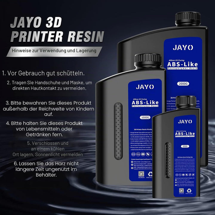 JAYO 3D Drucker Resin 1KG, ABS-Like Resin 405nm UV Standard Rapid Harz für 4K/6K/8K LCD/DLP/SLA 3D P