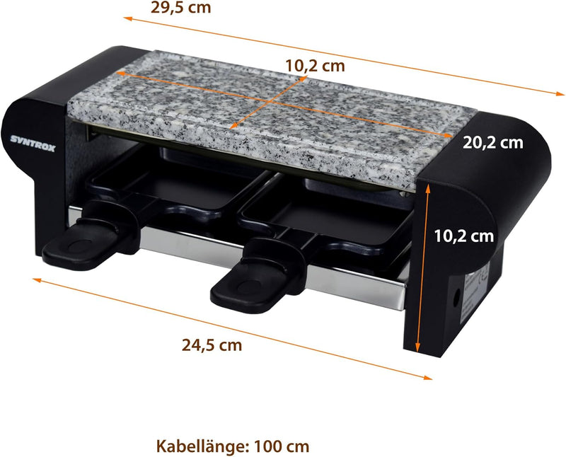 Syntrox Germany Edelstahl Design Raclette Glarus mit Grillplatte und Platte Heisser Stein für 2 Pers