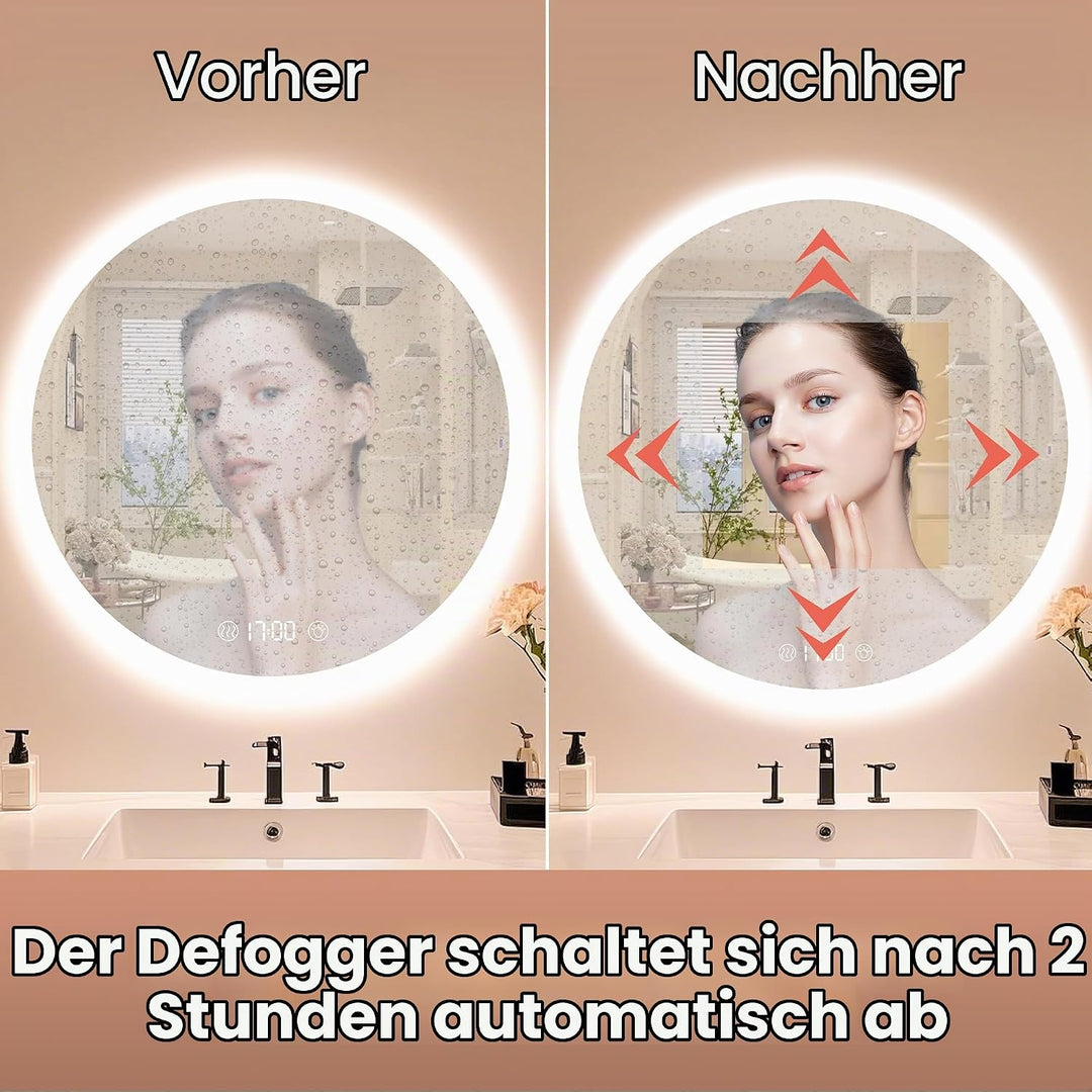 Habison Rund LED Badspiegel mit Beleuchtung 70 x 70cm LED Badezimmerspiegel Wandspiegel mit Uhrzeit