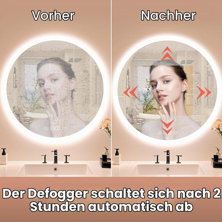 Habison Rund LED Badspiegel mit Beleuchtung 70 x 70cm LED Badezimmerspiegel Wandspiegel mit Uhrzeit