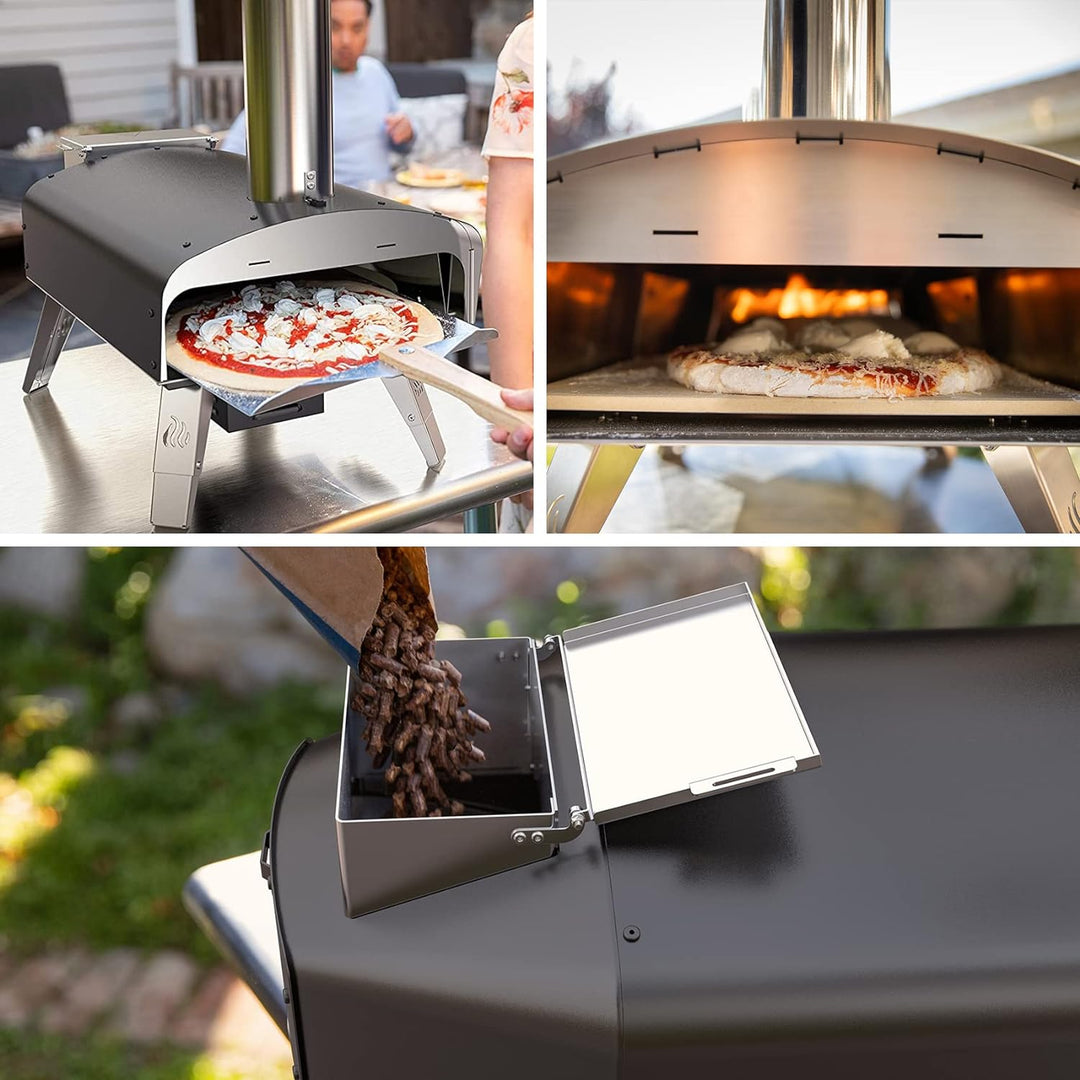 Mimiuo Outdoor Pizzaofen, Pelletofen für den Garten mit automatischem Drehsystem, Holzofen mit Pizza