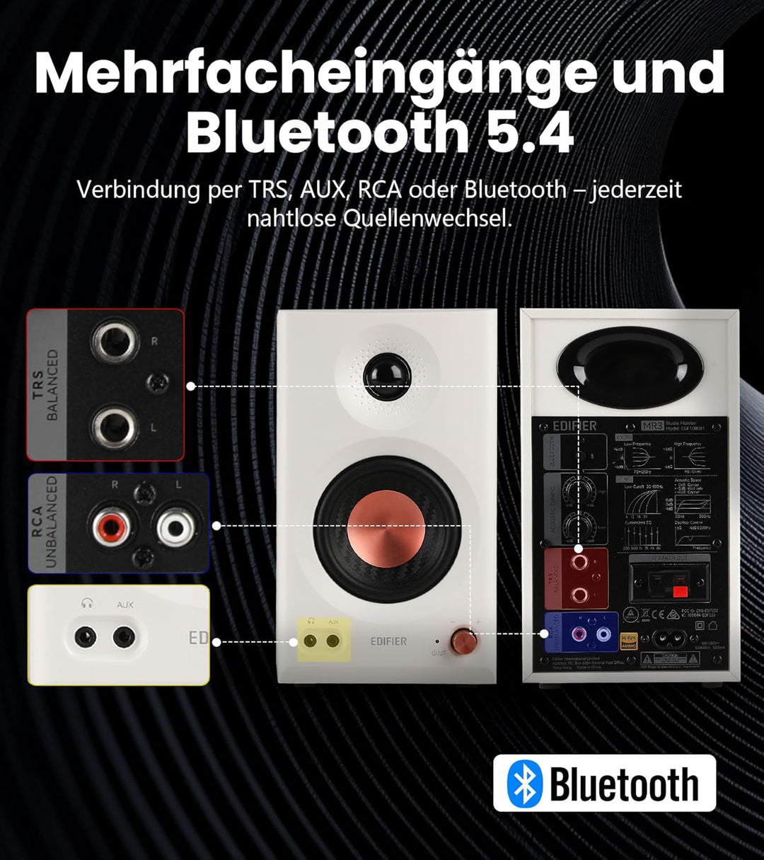 Edifier MR3 Kompakter Studio-Lautsprecher 2.0, Hi-Res Audio, Bluetooth V5.4, physikalische Steuerung