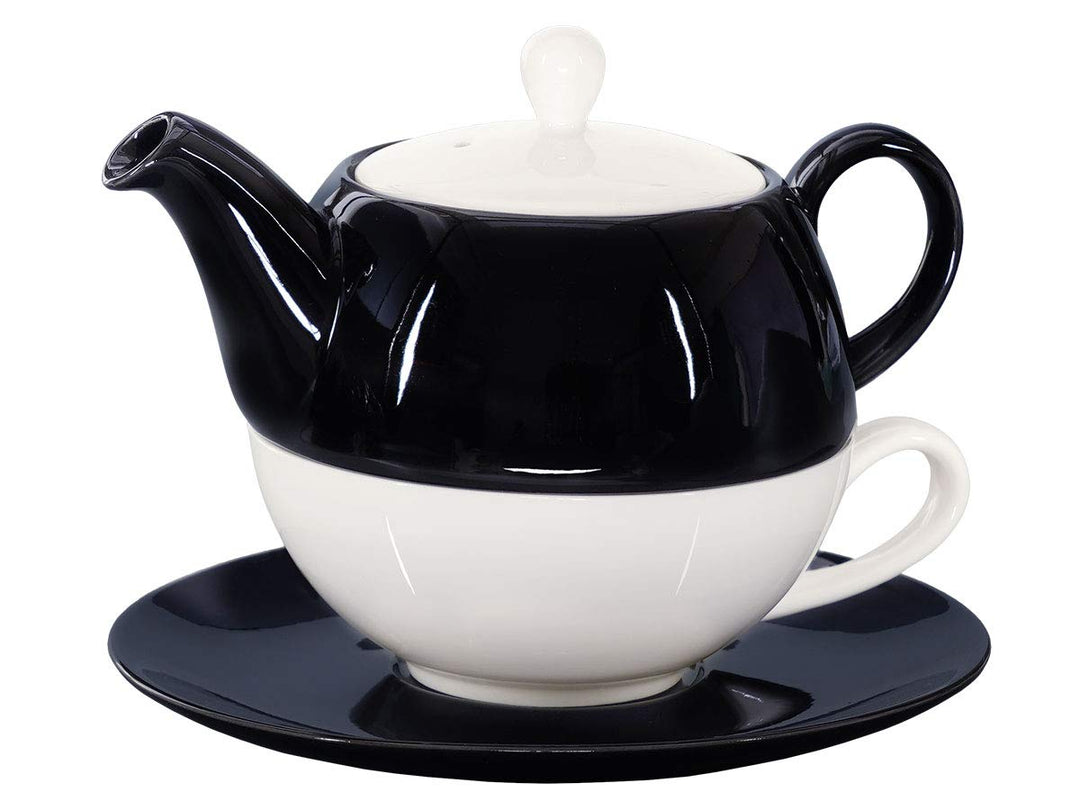 Buchensee Tea for One Lena 500ml aus Crystal Bone China Porzellan in schwarz-weiss. Teekanne + Teeta