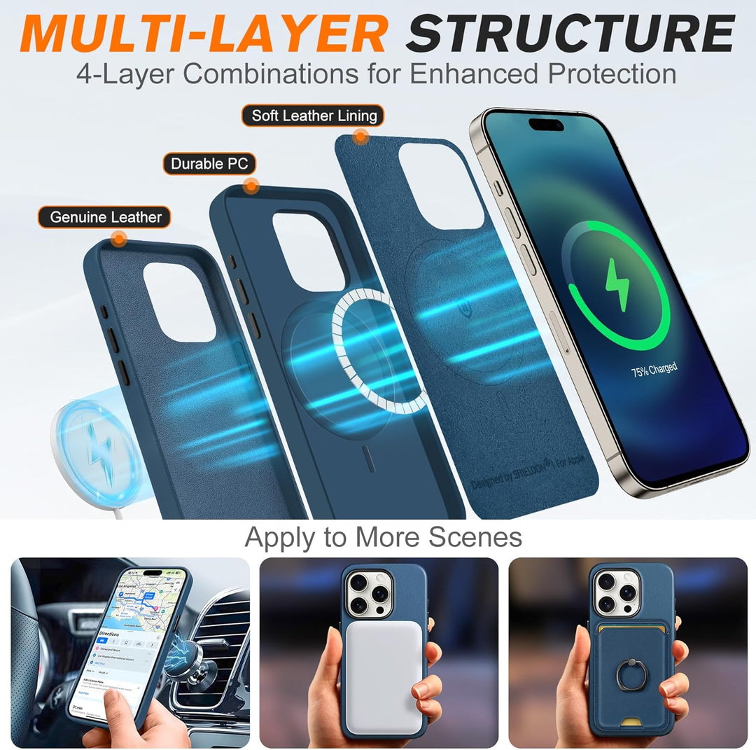 SHIELDON Hülle für iPhone 15 Pro Handyhülle Lederhülle [Erstklassig Echtleder] [Kabellos Laden] [Sta