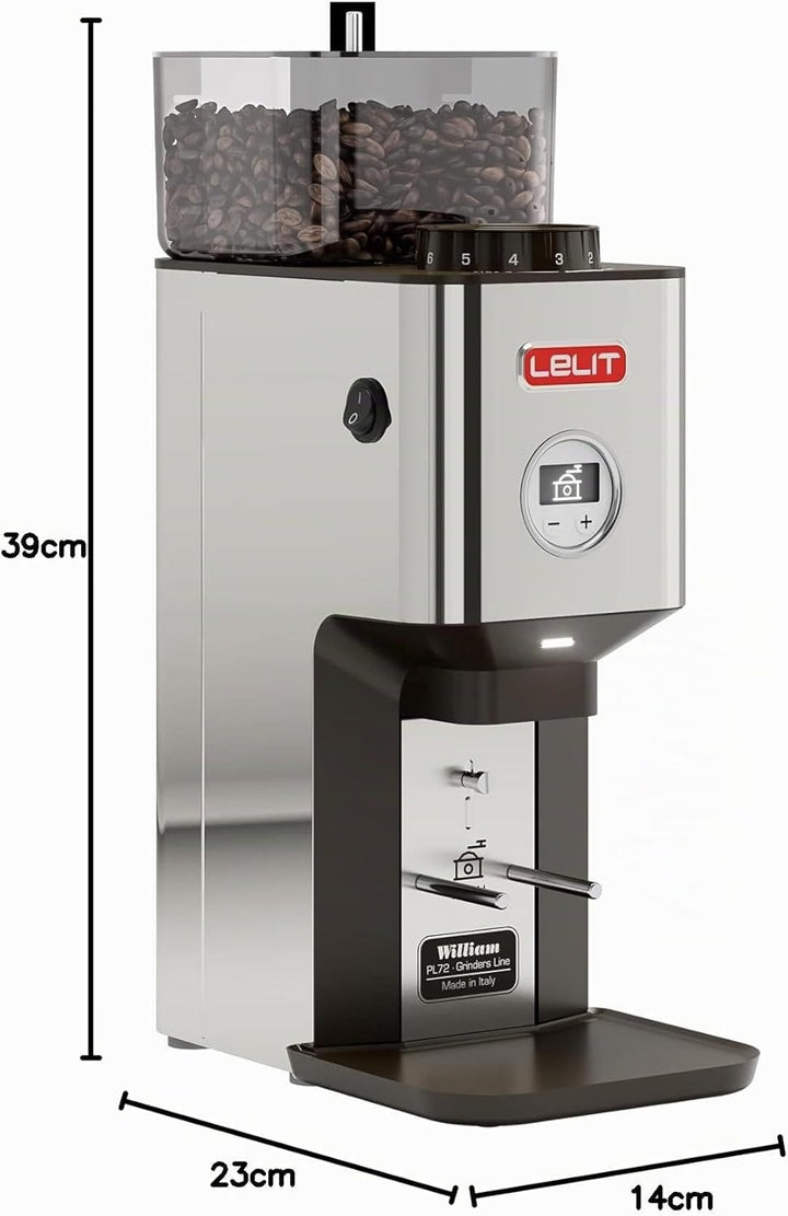 LELIT William PL72-P Kaffeemühle mit flachem Mahlwerk - Mit LCC zur Regulierung der Mahldauer - Silb